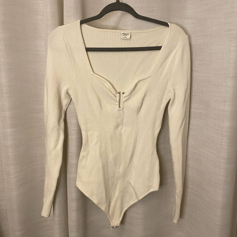 Abercrombie & Fitch Ribbed Cream Long Sleeve Bodysuit